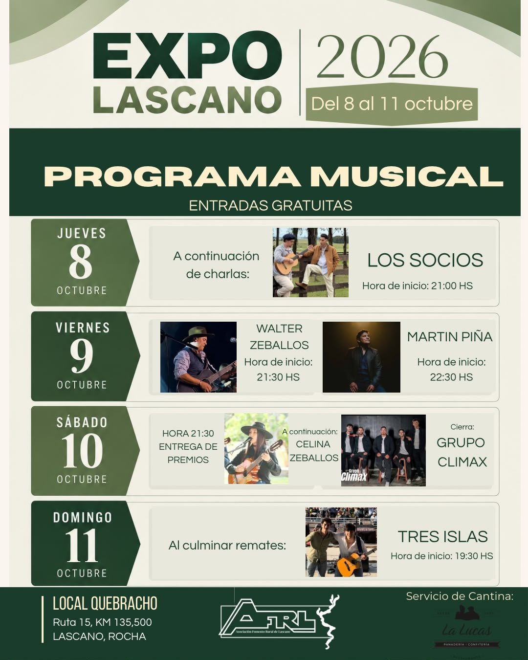 Programa musical de Expo Lascano 2026, con entradas gratuitas del 8 al 11 de octubre