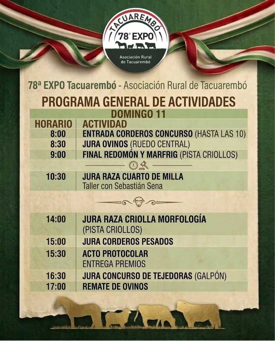Cronograma del domingo 11 de octubre de la 78.ª Expo Tacuarembó