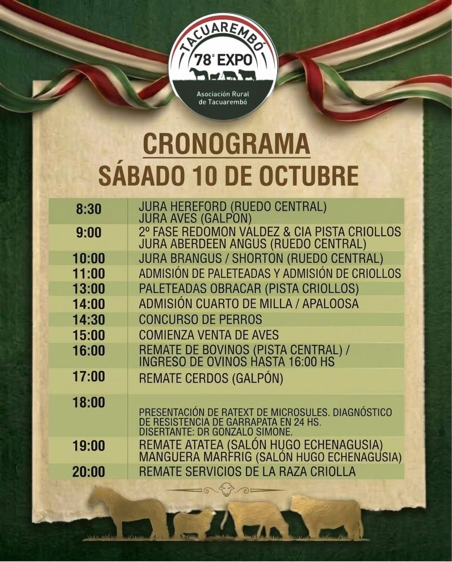 Cronograma del sábado 10 de octubre de la 78.ª Expo Tacuarembó