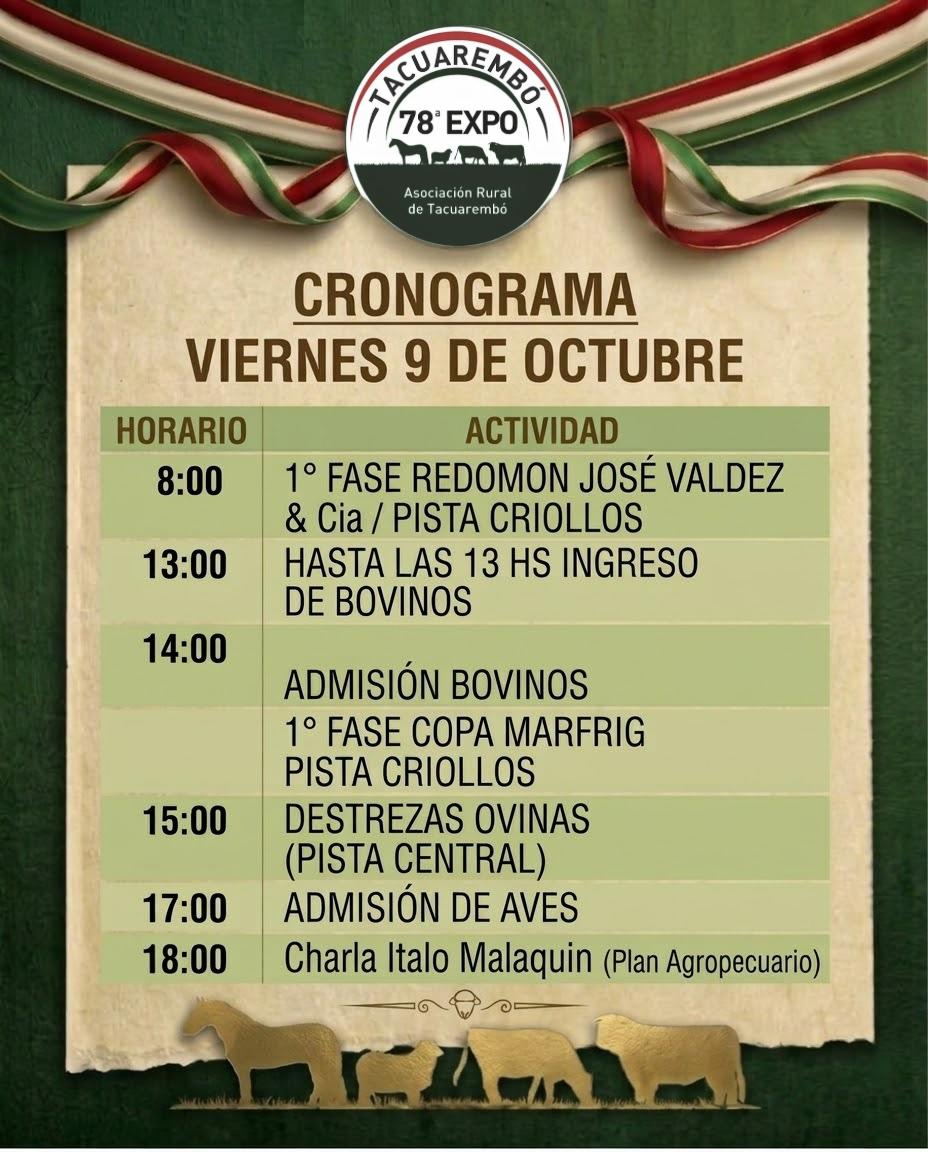 Cronograma del viernes 9 de octubre de la 78.ª Expo Tacuarembó