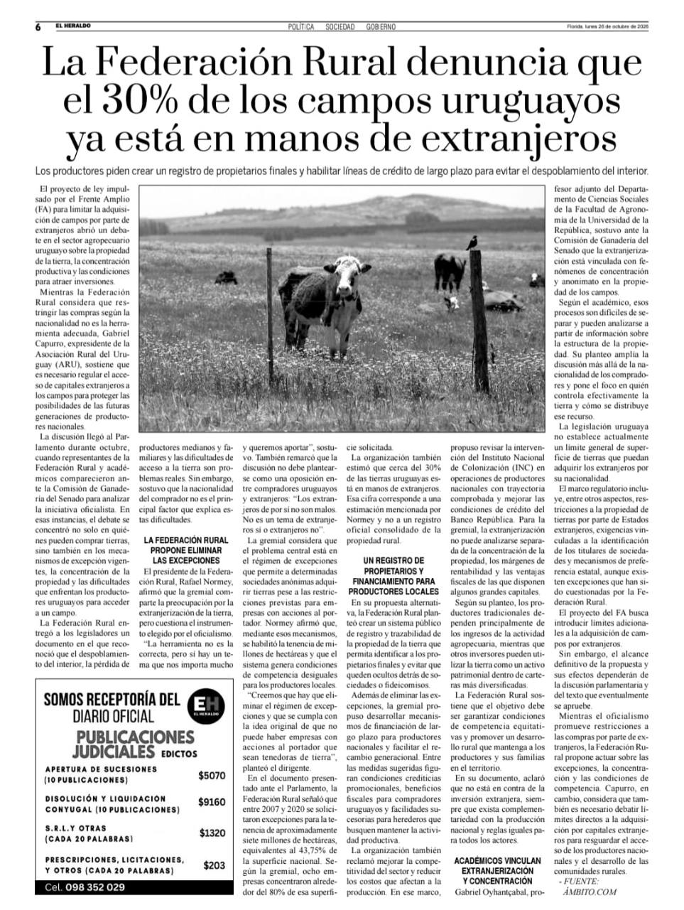 Recorte de la página 6 de El Heraldo, edición de Florida del 26 de octubre de 2026, sobre Federación Rural y la propiedad de la tierra